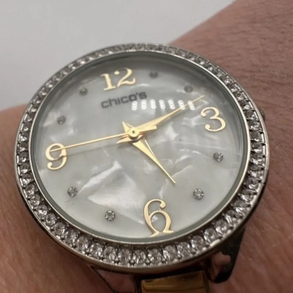Chico’s Large Face Mother of Pearl Pave Rhinestone Goldtone Delicate‎ Band Watch